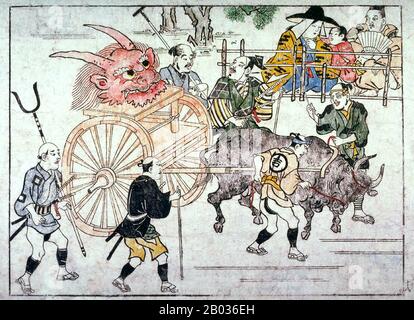 Shuten-doji oder Shutendoji ist ein Mythenoni oder Yokai (Dämon, Teufel, Ogre, Troll). Hishikawa Moronobu (1618 - 25. Juli 1694) war ein japanischer Künstler, der dafür bekannt war, das Ukiyo-e-Genre der Holzschnitte und Gemälde im späten 17. Jahrhundert zu popularisieren. Stockfoto