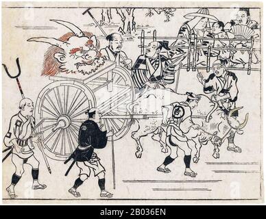Shuten-doji oder Shutendoji ist ein Mythenoni oder Yokai (Dämon, Teufel, Ogre, Troll). Hishikawa Moronobu (1618 - 25. Juli 1694) war ein japanischer Künstler, der dafür bekannt war, das Ukiyo-e-Genre der Holzschnitte und Gemälde im späten 17. Jahrhundert zu popularisieren. Stockfoto