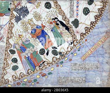 Der katalanische Atlas (1375) ist die wichtigste katalanische Karte der mittelalterlichen Zeit. Sie wurde von der kartografischen Schule Majorcas produziert und wird Cresques Abraham zugeschrieben, einem jüdischen Buchilluminator, der selbst als Meister der Karten der Welt sowie Kompasse beschrieben wurde. Sie befindet sich seit dem späten 14. Jahrhundert in der königlichen Bibliothek Frankreichs (heute Bibliotheke nationale de France). Stockfoto