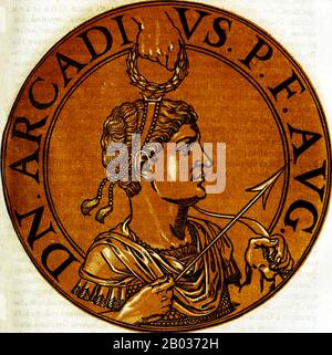 Arcadius (377-408) war der älteste Sohn des in Hispanien geborenen Kaiser Theodosius I. Er wurde 383, erst sechs Jahre alt, zum Mitherrscher des Ostens erklärt. Als sein Vater 395 starb, wurde Arcadius Kaiser des Ostens und regierte mit seinem Bruder Honorius im Westen das Römische Reich. Aracdius war dafür bekannt, ein schwacher Feldherr zu sein, seine Herrschaft wurde von den Ministern beherrscht, die ihn umzingelten, sowie von seiner Frau Aelia Eudoxia. Arcadius selbst schien eher darauf bedacht, als frommer Christ und nicht als Politiker oder General aufzutreten. Als er 408 starb, war er nur nominell in der Kontrolle o Stockfoto