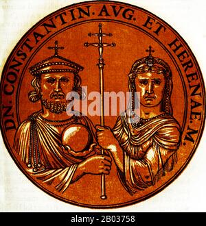 Konstantin VI. (771-804) war das einzige Kind von Kaiser Leo IV. Und der Kaiserinmutter Irene. Er wurde 776 zum Mitkaiser gekrönt und 780 im Alter von nur neun Jahren Alleinkaiser. Aufgrund seines jungen Alters regierten seine Mutter Irene und ihr Chief Minister Staurakios an seiner statt. Doch auch als Konstantin mit sechzehn Jahren alt war, weigerte sich seine Mutter immer noch, ihm die Exekutivgewalt zu übergeben. Konstantin sollte im Jahr 788 Rotrude, die Tochter des künftigen Heiligen römischen Kaiser Karl dem 1. Jahrhundert, heiraten, aber seine Mutter brach die Verlobung ab und unterstützte stattdessen die Feinde des Karl dem 1. Als Irene versuchte, offiziell zu werden Stockfoto