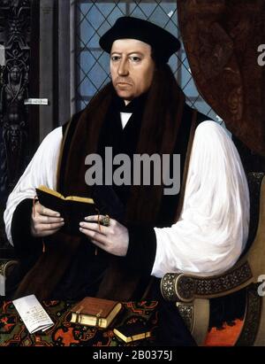 Thomas Cranmer (2. Juli 1489 - 21. März 1556) war ein Führer der englischen Reformation und Erzbischof von Canterbury während der Regentschaft von Heinrich VIII., Edward VI. Und für kurze Zeit Maria I. half Er beim Aufbau des Falls für die Aufhebung der Ehe Henrys mit Katharina von Aragon, Das war eine der Ursachen für die Trennung der englischen Kirche von der vereinigung mit dem Heiligen Stuhl. Zusammen mit Thomas Cromwell unterstützte er das Prinzip der königlichen Vormachtstellung, bei dem der König als souverän über die Kirche in seinem Reich galt. Nach dem Beitritt der Römisch-Katholiken Maria I. wurde Cranmer auf Tria gesetzt Stockfoto
