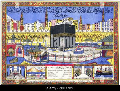 Umgeben von der Heiligen Moschee, al-Masjid al-Haram, steht die kubische Kaaba. Kurz nachdem sie in Mekka angekommen sind, laufen die Pilger zunächst sieben Mal um die Kaaba herum und gehen dann zwischen zwei Hügeln, al-Safa und al-Marwa hin und her. Sie führen in den folgenden Tagen sowohl in Mekka als auch in seiner Umgebung eine große Anzahl von Ritualen durch. Am 10. Tag des Monats Dhu al-Hijja beginnen sie das große fest von Eid al-Adha, um Abrahams Bereitschaft zu gedenken, Gott zu dienen, indem sie seinen Sohn opfern. Rituelle Opfer von Schafen und Ziegen werden bei dieser Gelegenheit in der gesamten islamischen Welt erbracht. Zum Schluss, pilgr Stockfoto