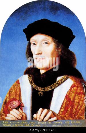 Heinrich VII. (28. Januar 1457 - 21. April 1509) war König von England und Herr von Irland von seiner Festnahme der Krone am 22. August 1485 bis zu seinem Tod am 21. April 1509 als erster Monarch des Hauses Tudor. Henry gewann den Thron, als seine Truppen Richard III. In der Schlacht von Bosworth Field besiegt hatten. Er war der letzte König von England, der seinen Thron auf dem Schlachtfeld gewann. Henry zementierte seinen Anspruch, indem er Elizabeth von York, Tochter von Edward IV. Und Nichte von Richard III. Heiratete Henry war erfolgreich bei der Wiederherstellung der Macht und Stabilität der englischen Monarchie nach den politischen Umwälzungen der Civi Stockfoto