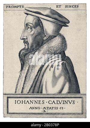 Johannes Calvin, geboren Jehan Cauvin: 10. Juli 1509 - 27. Mai 1564) war ein einflussreicher französischer Theologe und Pfarrer während der protestantischen Reformation. Er war eine Hauptfigur in der Entwicklung des später Calvinismus genannten Systems der christlichen Theologie, zu dessen Aspekten die Lehrsätze der Prädestination und der absoluten Souveränität Gottes beim Heil der menschlichen Seele vom Tod und der ewigen Verdammnis gehören. Verschiedene kongregationale, Reformierte und presbyterianische Kirchen, die Calvin als Hauptentlarvung ihrer Überzeugungen ansehen, haben sich auf der ganzen Welt ausgebreitet. Stockfoto