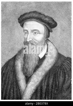 Johannes Calvin, geboren Jehan Cauvin: 10. Juli 1509 - 27. Mai 1564) war ein einflussreicher französischer Theologe und Pfarrer während der protestantischen Reformation. Er war eine Hauptfigur in der Entwicklung des später Calvinismus genannten Systems der christlichen Theologie, zu dessen Aspekten die Lehrsätze der Prädestination und der absoluten Souveränität Gottes beim Heil der menschlichen Seele vom Tod und der ewigen Verdammnis gehören. Verschiedene kongregationale, Reformierte und presbyterianische Kirchen, die Calvin als Hauptentlarvung ihrer Überzeugungen ansehen, haben sich auf der ganzen Welt ausgebreitet. Stockfoto