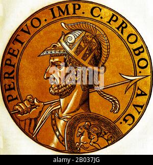 Marcus Aurelius Probus (232-282) war Berufssoldat und trat in die Armee ein, sobald er das Erwachsenenalter irgendwann im Jahr 250 erreicht hatte. Er zeichnete sich unter den Kaisern Valerian, Aurelian und Tacitus aus und als Tacitus 276 starb, proklamierten ihn Probus' Soldaten trotz eines rivalisierenden Anspruchs von Florianus, Tacitus' Halbbrüder, zum Kaiser. Obwohl Florianus' Herrschaft anerkannt ist, war es kurz und dauerte nur achtundachtzig Tage, da er bald von seinen eigenen Truppen ermordet wurde, nachdem er einen Kampf gegen Probus verloren hatte. Probus wurde danach als Kaiser ratifiziert. In den ersten Jahren seiner Regierungszeit wurde er erfolgreich Wahlkampf geführt Stockfoto