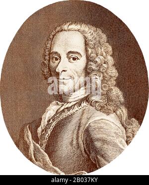 Francois-Marie Arouet (* 21. November 1694 in Paris; † 30. Mai 1958), bekannter unter seinem Namen de plume Voltaire, war ein französischer Historiker, Philosoph und Schriftsteller der Aufklärung. Er war berühmt für sein Eintreten für Religionsfreiheit, Redefreiheit und Trennung von Kirche und Staat und griff die katholische Kirche oft durch seinen Witz und seine Schriften an. Voltaire war ein produktiver und vielseitiger Schriftsteller mit mehr als 20.000 Briefen und über 2.000 Büchern und Broschüren zu seinem Namen sowie Theaterstücken, Gedichten, Aufsätzen und historischen und wissenschaftlichen Werken. Trotz der strengen Zensur Gesetze der Zeit, Voltaire oft Stockfoto