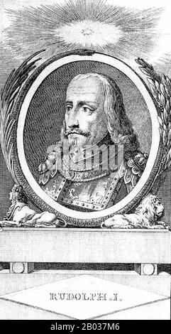 Rudolf I. (1218-1291), auch als Rudolf von Habsburg kown, war der Sohn von Graf Albert IV. Von Habsburg und wurde nach dem Tod seines Vaters 1239 Graf. Sein Pate war Kaiser Friedrich II., dem er häufige Gerichtsbesuche abstattete. Rudolf beendete das Große Interregnum, das das Heilige Römische Reich nach dem Tod Friedrichs verhüllt hatte, als er 1273 zum König von Deutschland gewählt wurde. Rudolf sicherte sich die Anerkennung des Papstes, indem er versprach, einen neuen Kreuzzug zu starten und auf alle kaiserlichen Rechte an Rom, den päpstlichen Territorien und Sizilien zu verzichten. Sein Hauptgegner war König Ottokar II. Von Böhmen, der sich wieder hatte Stockfoto