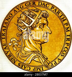 Marcus Ulpius Traianus, Trajan, wurde 53 v. Chr. in der Provinz Hispania Baetica in eine nicht-patrizische Familie geboren. Er trat während der Herrschaft Domitians in den Vordergrund und kämpfte in zahlreichen Feldzügen. Er wurde 97 v. Chr. als Erbe und Nachfolger von Nerva adoptiert, der Kaiser sah sich gezwungen, dies von der Prätorianergarde zu tun. Trajan wurde 98 nach dem Tod seines Vorgängers Kaiser. Trajan gilt als einer der größten Kaiser des römischen Imperiums, wobei der senat ihn offiziell zum "optimus princeps" oder "besten Feldherrn" erklärt. Er war ein sehr erfolgreicher Soldatenkaiser, der die größte militärische Expansion in leitete Stockfoto