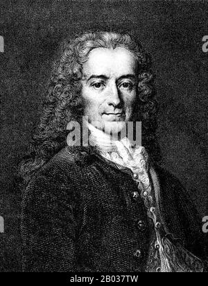 Francois-Marie Arouet (* 21. November 1694 in Paris; † 30. Mai 1958), bekannter unter seinem Namen de plume Voltaire, war ein französischer Historiker, Philosoph und Schriftsteller der Aufklärung. Er war berühmt für sein Eintreten für Religionsfreiheit, Redefreiheit und Trennung von Kirche und Staat und griff die katholische Kirche oft durch seinen Witz und seine Schriften an. Voltaire war ein produktiver und vielseitiger Schriftsteller mit mehr als 20.000 Briefen und über 2.000 Büchern und Broschüren zu seinem Namen sowie Theaterstücken, Gedichten, Aufsätzen und historischen und wissenschaftlichen Werken. Trotz der strengen Zensur Gesetze der Zeit, Voltaire oft Stockfoto