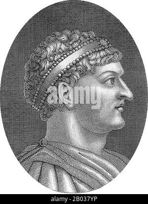 Honorius (384-423) war der zweite Sohn des Kaiser Theodosius I. und jüngere Bruder des östlichen Kaiser Arcadius. Honorius wurde 393 v. Chr. zum Augustus und zum Mitherrscher im Alter von 9 Jahren ernannt. Als sein Vater zwei Jahre später starb, erhielt Honorius die westliche Hälfte des römischen Imperiums, während Arcadius den Osten regierte. Noch jung war Honorius vor allem eine Aushängeschild für General Stilicho, der vor seinem Tod von Theodosius zu seinem Vormund und Berater ernannt worden war. Stilicho ließ Honorius seine Tochter Maria heiraten, um ihre Bindungen zu stärken. Honorius' Herrschaft, die selbst nach den Maßstäben des r schwach und chaotisch war Stockfoto