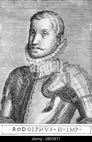 Rudolf II. (1552-1612) war der älteste Sohn und Nachfolger von Kaiser Maximilian II. Und verbrachte acht prägende Jahre am spanischen Hof seines Onkels mütterlicherseits Philipp II., wobei er eine steife und distanzierte Art und Weise annimmt, die für den konservativeren spanischen Adel typisch ist. Er blieb für den Rest seines Lebens zurückhaltend und verschwiegen, neigte weniger zu den täglichen Angelegenheiten des Staates und interessierte sich mehr für okkulte Studien wie Alchemie und Astrologie. Rudolf wurde 1572 König von Ungarn und Kroatien und hatte zum Zeitpunkt des Todes seines Vaters 1576 auch die böhmischen, deutschen und heiligen römischen Kronen geerbt. Rudolf verwinkelte h Stockfoto
