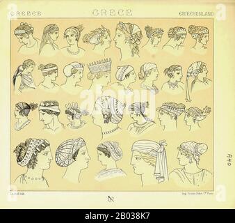 Antike griechische Mode und Accessoires aus Geschichte des Kostüms in chronologischer entwicklung (Geschichte der Tracht in chronologischer Entwicklung) von Racinet, A. (Auguste), 1825-1893. Und Rosenberg, Adolf, 1850-1906, Band 1 gedruckt in Berlin im Jahr 1888 Stockfoto