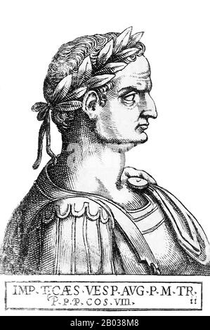 Der natürliche Sohn und Erbe Kaiser Vespasians, Titus (39-81 CE), war ein Mitglied der Flaviden-Dynastie, der erste römische Kaiser, der seinen eigenen biologischen Vater erfolgreich war. Titus hatte sich wie sein Vater als Militärkommandeur viel verdient, vor allem während des Ersten judenrömischen Krieges. Als sein Vater nach Neros Tod den kaiserlichen Thron beanspruchen wollte, ließ man Titus zurück, um die jüdische Rebellion zu beenden, die 70 v. Chr. mit der Belagerung und dem Absacken Jerusalems stattfand. Der Titusbogen wurde zu Ehren seiner Zerstörung der Stadt erbaut. Er war auch für seine kontroverse Beziehung zum Jewi bekannt Stockfoto
