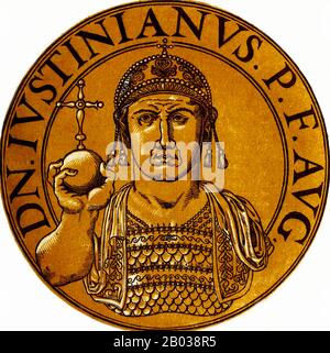 Justinian II. (668-711), später Justinian der Slit-Nosed genannt, war der älteste Sohn Kaiser Konstantins IV. Und wurde 681 gemeinsamer Kaiser. Später folgte er 685 im Alter von sechzehn Jahren seinem Vater als alleiniger Kaiser. Justinian war ehrgeizig und leidenschaftlich und wollte den Kaiser auf frühere Herrlichkeiten und vergangene Erfolge zurückführen. Justinians fehlende Finesse und seine schlechte Haltung gegenüber jedem Widerstand gegen seinen Willen führten jedoch zu heftigem Widerstand während seiner gesamten Regierungszeit. Er wurde schließlich 695 in einem Volksaufstand unter der Führung Leontios abgesetzt, der sich selbst zum Kaiser ausrief und Justinian verbannte, nachdem er h Stockfoto
