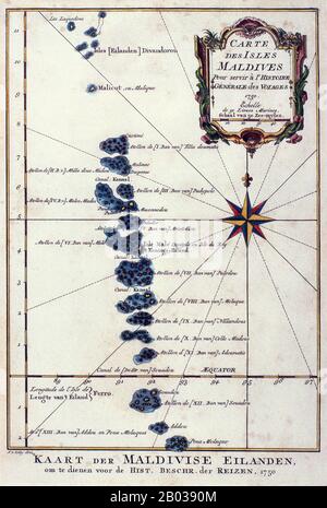 Jacques Nicolas Bellin (1703 - 21. März 1776) war ein französischer Hydrograph, Geograph und Mitglied der französischen intellektuellen Gruppe namens philosophes. Asiens kleinste und am wenigsten bekannte Nation, die Republik Malediven, liegt verstreut von Nord nach Süd über einen 750 Kilometer langen Lauf des Indischen Ozeans 500 Kilometer südwestlich von Sri Lanka. Mehr als 1000 Inseln, zusammen mit unzähligen Ufern und Riffen, sind in einer Kette von neunzehn Atollen zusammengefasst, die sich von einem Punkt westlich von Colombo bis unmittelbar südlich des Äquators erstreckt. Stockfoto