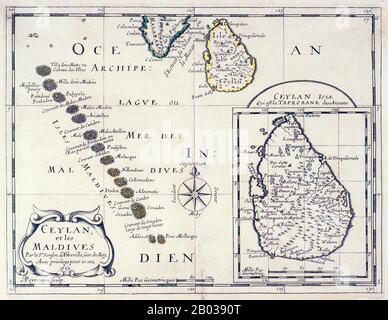 Nicolas Sanson (20. Dezember 1600 - 7. Juli 1667) war ein französischer Kartograf, der von einigen der Schöpfer der französischen Geographie genannt wurde und in dem er als "Vater der französischen Kartografie" bezeichnet wurde. Asiens kleinste und am wenigsten bekannte Nation, die Republik Malediven, liegt verstreut von Nord nach Süd über einen 750 Kilometer langen Lauf des Indischen Ozeans 500 Kilometer südwestlich von Sri Lanka. Mehr als 1000 Inseln, zusammen mit unzähligen Ufern und Riffen, sind in einer Kette von neunzehn Atollen zusammengefasst, die sich von einem Punkt westlich von Colombo bis unmittelbar südlich des Äquators erstreckt. Stockfoto