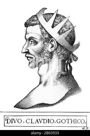 Claudius II (210-270), auch Claudius Gothicus genannt, war illyrischen Ursprungs und barbarischer Geburt. Er war Berufssoldat, er diente sein ganzes Erwachsenenleben in der römischen Armee. Er war während der Belagerung von Mailand im Jahr 268 Militärdreibund in der Armee von Kaiser Gallienus, als Gallienus von seinen eigenen fünfzialen, möglicherweise einschließlich Claudius, ermordet wurde. Claudius wurde dann von seinen eigenen Soldaten, möglicherweise wegen seiner körperlichen Stärke und Grausamkeit, zum Kaiser ausgerufen. Claudius war wie der vorherige barbarische Kaiser Maximinus Thrax ein Soldatenkaiser, der erste in einer Serie, die das Reich wieder herstellen sollte Stockfoto