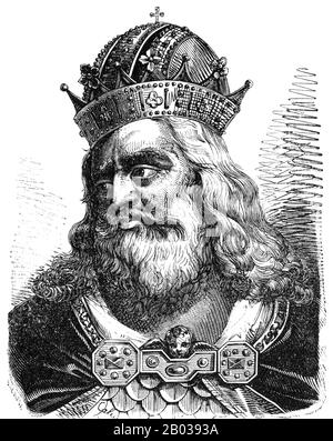 Karl der große (742/747/748-814), auch bekannt als Karl der Große oder Karl I. war das älteste Kind des Königs der Franken, Pepin der Kurzform. Er nahm nach dem Tod seines Vaters im Jahr 768 den Frankreichthron ein, wobei er zunächst mit seinem 771 verstorbenen Bruder Carloman I. mitregierte und Karl den 1. Als unangefochtener Machthaber der Franken zurückließ. Karl der 1. Karl hielt sich für einen Beschützer des Papsttums und marschierte in Norditalien ein, um die Langobarden aus der Macht zu entfernen, und wurde 774 König von Italien. Er führte auch Einfälle in das muslimische Spanien und setzte sich gegen die Sachsen im Osten ein, indem er sie mit Todesstrafe christianisieren ließ Stockfoto