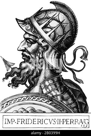 Friedrich II. (1194-1250) war der Sohn von Kaiser Heinrich VI. Und war erst ein Kleinkind, als er von seiner Mutter im Jahr 1198 zum König von Sizilien gekrönt wurde. Als seine Mutter noch im selben Jahr starb, wurde er Papst Innozenz III., der sein Vormund wurde, geschenkt. Als Friedrich 1208 alt wurde, machte er seine Macht über Sizilien geltend. Kaiser Otto IV. Marschierte 1209 in Italien ein, in der Hoffnung, Sizilien zu erobern und Friedrich zu Absatz zu bringen, aber 1211 wurde Friedrich in Abwesenheit von verschiedenen kaiserlichen Fürsten, die mit der Herrschaft Ottos satt waren, zum König von Deutschland gewählt. Friedrich trat mit einer kleinen Armee in Deutschland ein und wurde formell zum König von Deutschland gekrönt Stockfoto