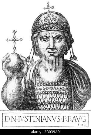 Justinian II. (668-711), später Justinian der Slit-Nosed genannt, war der älteste Sohn Kaiser Konstantins IV. Und wurde 681 gemeinsamer Kaiser. Später folgte er 685 im Alter von sechzehn Jahren seinem Vater als alleiniger Kaiser. Justinian war ehrgeizig und leidenschaftlich und wollte den Kaiser auf frühere Herrlichkeiten und vergangene Erfolge zurückführen. Justinians fehlende Finesse und seine schlechte Haltung gegenüber jeglicher Opposition gegen seinen Willen führten jedoch während seiner gesamten Regierungszeit zum Widerstand. Er wurde schließlich 695 in einem Volksaufstand unter der Führung Leontios abgesetzt, der sich selbst zum Kaiser ausrief und Justinian verbannte, nachdem er seinen Nos hatte Stockfoto