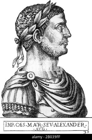 Severus Alexander (208-235 CE) war Vetter von Kaiser Elagabalus und dessen Erbe. Als Elagabalus 222 CE ermordet wurde, wurde die Vierzehnjährige unter dem Glück seiner Großmutter Julia Maesa, die sich für Alexanders Beitritt so arrangiert hatte, wie sie es mit Elagabalus vor ihm getan hatte, Kaiser. Alexander tat schnell viel, um die innenpolitischen Probleme, die Elagabalus verursacht hatte, zu beheben, das Bild des kaiserlichen Thrones zu säubern und die Moral und würde des Staates zu verbessern. Seine Regierungszeit galt als wohlhabend, militärisch stand das Reich jedoch vor der steigenden Bedrohung durch die S Stockfoto