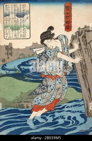 Utagawa Kuniyoshi (* 1. Januar, † 14. April 1861) war einer der letzten großen Meister des japanischen Ukiyo-e-Stils der Holzschnitte und der Malerei. Er ist mit der Utagawa-Schule verbunden. Die Bandbreite der bevorzugten Themen von Kuniyoshi umfasste viele Genres: Landschaften, schöne Frauen, Kabuki-Schauspieler, Katzen und Fabeltiere. Er ist bekannt für Darstellungen der Schlachten von Samurai und legendären Helden. Sein Kunstwerk war von westlichen Einflüssen in der Landschaftsmalerei und Karikatur betroffen. Stockfoto