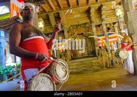 Kandy, Sri Lanka - Januar 2020: Ein Mann spielt die Trommel während des Angebots im Tempel Des Zahns des Buddha am 26. Januar 2020 in Kandy, Sri Lanka Stockfoto