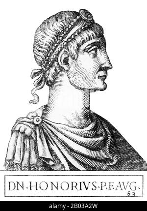 Honorius (384-423) war der zweite Sohn des Kaiser Theodosius I. und jüngere Bruder des östlichen Kaiser Arcadius. Honorius wurde 393 v. Chr. zum Augustus und zum Mitherrscher im Alter von 9 Jahren ernannt. Als sein Vater zwei Jahre später starb, erhielt Honorius die westliche Hälfte des römischen Imperiums, während Arcadius den Osten regierte. Noch jung war Honorius vor allem eine Aushängeschild für General Stilicho, der vor seinem Tod von Theodosius zu seinem Vormund und Berater ernannt worden war. Stilicho ließ Honorius seine Tochter Maria heiraten, um ihre Bindungen zu stärken. Honorius' Herrschaft, die selbst nach den Standards der ra schwach und chaotisch war Stockfoto