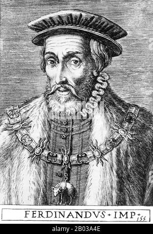 Ferdinand I. (1503-1564) war der Sohn von Philipp I. von Kastilien und der Königin Joanna I. von Kastilien, Enkel von Kaiser Maximilian I. und jüngerer Bruder des zukünftigen, in Spanien Geborenen und aufgezogenen Kaiser Karl V., er wurde 1518 nach Flandern geschickt. Als Karl 1519 heiliger römischer Kaiser wurde, wurde Ferdinand mit der Verwaltung ihrer erblichen österreichischen Lande betraut, wurde Erzreich von Österreich und nahm die deutsche Kultur als seine eigene an. Ferdinand wurde 1526 nach dem Tod seines Schwagers Louis II. König von Böhmen und Ungarn und diente als dessen Bruder Charles' Stellvertreter im Heiligen Römischen Reich Stockfoto
