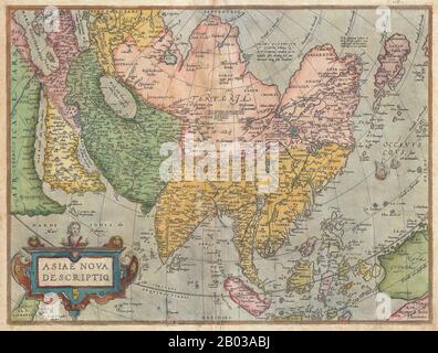 Abraham Ortelius (1527-1598) war ein brabantianischer Kartograf und Geograph, der als Schöpfer des ersten modernen Atlas, des "Theatrum Orbis Terrarum" (Theater der Welt), bekannt ist. Er war eine der bemerkenswertesten Persönlichkeiten in der niederländischen Kartografieschule in ihrem goldenen Zeitalter (ca. 1570er bis 1670er Jahre), seine Veröffentlichung seines Atlas im Jahre 1570 wurde als offizieller Anfang angesehen. Stockfoto