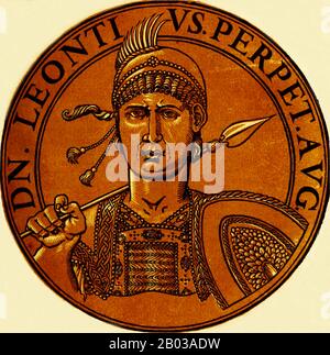 Leontios (660-706), manchmal Leontius genannt, war ein isaurischer Bürger des Kaisertums der Kaisertum, der schon früh als Soldat eintrat und unter der Herrschaft Kaiser Konstantins IV. Schnell durch die Reihen Aufstieg 695 entmachtete er Justinian II. Und beanspruchte den Thron für sich. Stockfoto