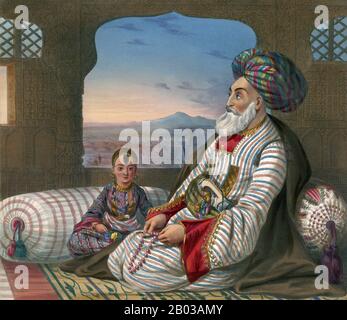 Dost Mohammad Khan (* 23. Dezember 173 in Afghanistan; † 9. Juni 1863) war zwischen 1826 und 1863 der Emir von Afghanistan. Er regierte zunächst von 1826 bis 1839 und dann von 1843 bis 1863. Er war der elfte Sohn von Sardar Pāyendah Khan (Chef des Barakzai-Stammes), der von Zaman Shah Durrani im Jahr 1799 getötet wurde. Er war der Enkel von Hajji Jamal Khan, der die Barakzai-Dynastie in Afghanistan gründete. Dost Mahommed gehörte zur Volksgruppe der Paschtun. Stockfoto