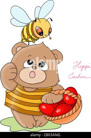 Vektordarstellung Heppy Easter Little Bee mit Teddybär tragen einen Korb mit roten Eiern Stock Vektor