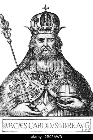 Karl IV. (1316-1378), geborene Wenceslaus, war der älteste Sohn von König Johannes von Böhmen und Enkel von Kaiser Heinrich VII., wodurch er Teil der Luxemburg-Dynastie wurde. Karl wurde 1355 zum König von Italien und zum Heiligen römischen Kaiser gekrönt und wurde später 1365 König von Burgunden, was ihn zum persönlichen Feldherrn aller Königreiche des Heiligen römischen Imperiums machte. Stockfoto