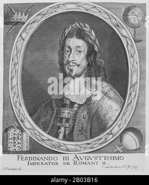 Ferdinand III. (1608-1657) war der älteste Sohn von Kaiser Ferdinand II Er wurde 1621 Erzherzog von Österreich, 1625 König von Ungarn und 1627 König von Böhmen. Ferdinand wurde 1634 während des Dreißigjährigen Krieges zum Chef der kaiserlichen Armee ernannt und war für die Verhandlungen über den Prager Frieden von 1635 von entscheidender Bedeutung, im selben Jahr wurde er zum König von Deutschland gewählt. Als sein Vater 1637 starb, trat er die Nachfolge als Heiliger römischer Kaiser an. Stockfoto