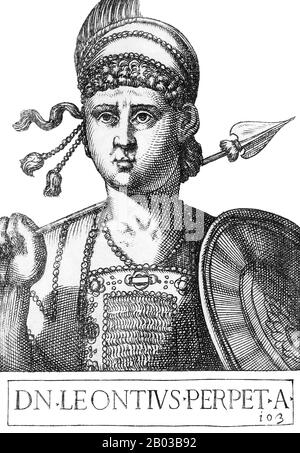 Leontios (660-706), manchmal Leontius genannt, war ein isaurischer Bürger des Kaisertums der Kaisertum, der schon früh als Soldat eintrat und unter der Herrschaft Kaiser Konstantins IV. Schnell durch die Reihen Aufstieg 695 entmachtete er Justinian II. Und beanspruchte den Thron für sich. Stockfoto