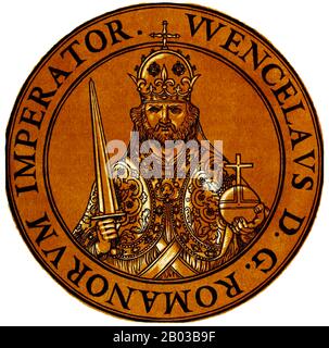 Wenceslaus IV (1361-1419), auch Wenceslaus von Böhmen und Wenceslaus der Unruhte genannt, war der Sohn von Kaiser Karl IV. Und wurde 1363 König von Böhmen, im Alter von nur zwei Jahren. Er wurde 1376 durch die Handlungen seines 1378 verstorbenen Vaters zum König von Deutschland gewählt, wodurch Wenceslaus Alleinherrscher von Böhmen und dem Heiligen römischen Reich wurde. Stockfoto