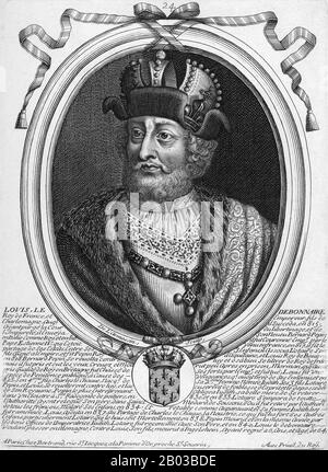 Louis I. (778-840), auch bekannt als Louis der Fromme, Louis der Messe und Louis der Debonaire, war der einzige überlebende Erwachsene Sohn von Kaiser Karl dem großen und Hildegard. Louis regierte von Aquitanien aus, der von seinem Vater beauftragt wurde, die südwestliche Grenze des Imperiums vor den Muslimen Spaniens zu verteidigen. 801 erobert er Barcelona und behauptet 812 die fränkische Vorherrschaft über Pamplona und die Basken südlich der Pyrenäen. Er wurde 813 von seinem Vater als Mitkaiser und König der Franken genannt, bevor er 814 Alleinherrscher wurde. Stockfoto