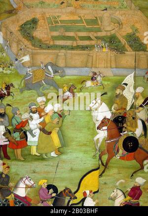 Das Padshahnama ist ein Genre von Werken, die zur visuellen Aufzeichnung der Herrschaft von Mughal-Kaiser Shah Jahan (5. Januar 1592 - 22. Januar 1666) geschrieben wurden. Die historischen Bände wurden von mehreren Autoren geschrieben, darunter Muhammad Amin Qazvini, Jalaluddin Tabatabai und Abdul Hamid Lahori, wobei letztere die bedeutendsten Werke des Genres geschrieben hatten. Stockfoto