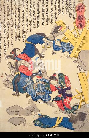 Die Namazu, auch Onamazu genannt, sind eine Kreatur in der japanischen Mythologie und den Folktalen. Der Namazu ist ein gigantischer Wels, der Erdbeben und Erschütterungen verursachen soll. Nach den großen Erdbeben in Ansei, die in der Nähe von Edo im Jahr 1855 stattgefunden hatten, stiegen sie zu neuem Ruhm und Popularität auf. Catfish Holzschnitte wurden zu einem eigenen beliebten Genre. Sie waren in der Regel unsigniert. Das Tokugawa-Shogunat zensierte und zerstörte die Drucke. Nur eine Handvoll überleben bis heute. Stockfoto