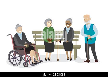 Multikulturelle alte Leute sitzen auf der Bank, Großmutter im Rollstuhl, isoliert auf weißem Hintergrund, Cartoon-Vektor-Illustration Stock Vektor