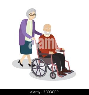 Großmutter rollt Rollstuhl, in dem sitzender alter Mann, isoliert auf weißem Hintergrund, Cartoon-Vektor-Illustration Stock Vektor