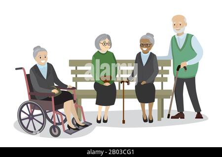 Multikulturelle alte Leute sitzen auf der Bank, Großmutter im Rollstuhl, isoliert auf weißem Hintergrund, Cartoon-Vektor-Illustration Stock Vektor