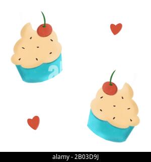 Niedliche Hand gezeichnete Cupcakes mit Kirsche und Herzen nahtlose Muster Hintergrund Illustration Stockfoto