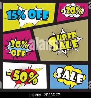 Comics Sprechblase mit Ausdrücken Sale oder Discount Sticker Set, Stock Vector Illustration Stock Vektor