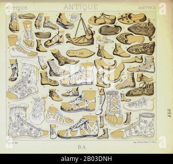 Alte Schuhe und Schuhmode von Geschichte des kostüms in chronologischer entwicklung (Geschichte der Tracht in chronologischer Entwicklung) von Racinet, A. (Auguste), 1825-1893. Und Rosenberg, Adolf, 1850-1906, Band 1 gedruckt in Berlin im Jahr 1888 Stockfoto