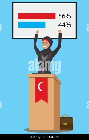 Arabische Politikerin spricht vor Publikum von Tribune.muslimische Politikerin Lady genießt Sieg.Vector Cartoon Illustration isoliert auf weißem Backgr Stock Vektor