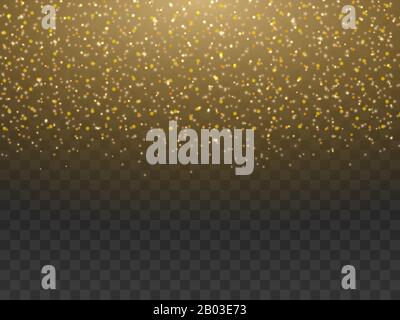 Goldstaub, Glitzerpulver isoliert auf transparentem Hintergrund. Glänzendes funkelndes goldgelbes Zaubermärchen-Staubpulver, das in leuchtend orangefarbenem li fliegend ist Stock Vektor